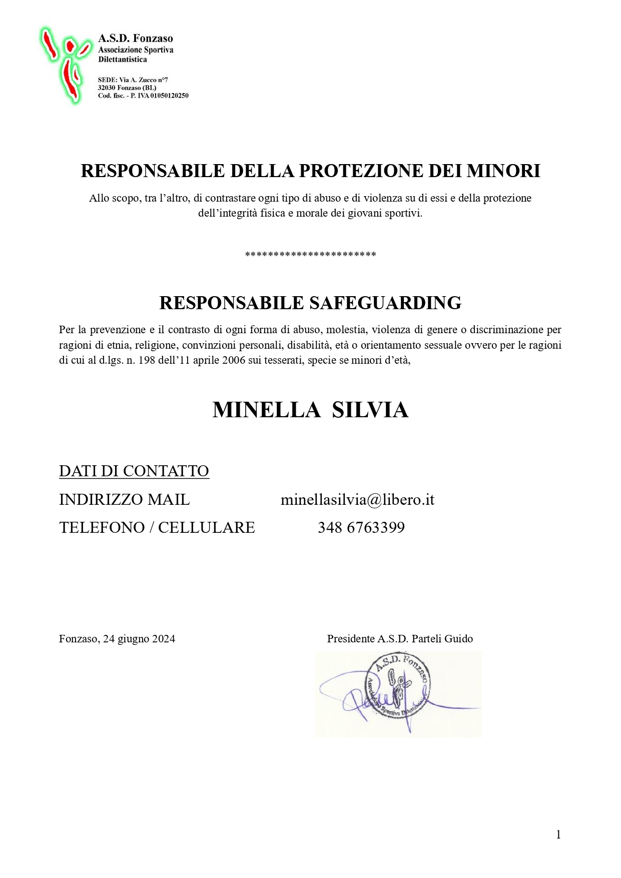 Responsabile Protezione Minori e Safeguarding Minella Silvia